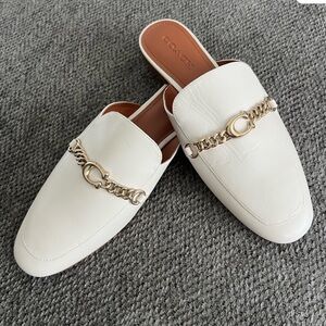 Coach White Leather Chain-Trim Slide Mules